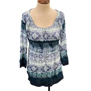 New LizWear Printed Crinkle Top Blouse Boho Blue Small
